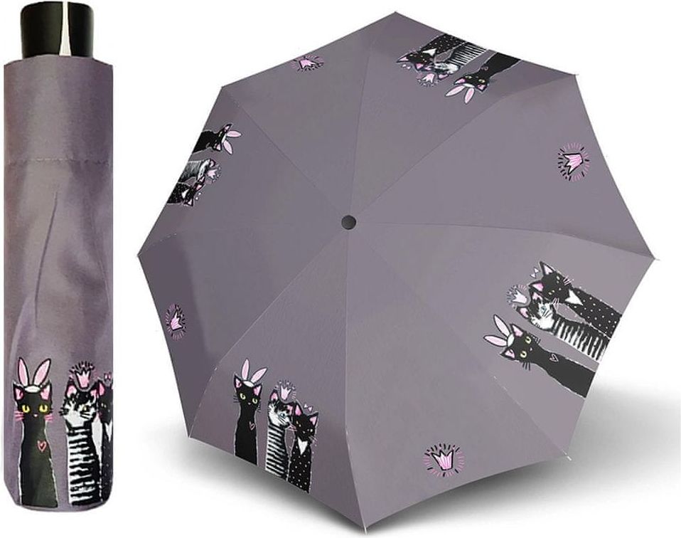 Doppler Mini Fiber Royal CATS dámský skládací deštník s kočkami Barva: Šedá - obrázek 1