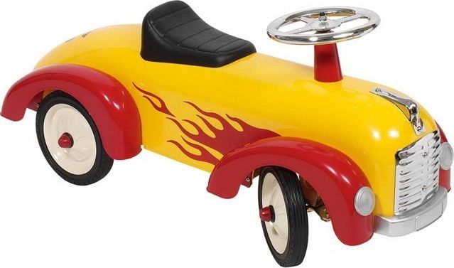 Odrážedlo kovové - Historické závodní auto, žluté s plamenem (Goki) - obrázek 1