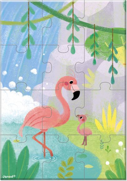 Mini Puzzle pro děti Plameňák Janod 12 ks sběratelská kolekce Zvířátka - obrázek 1