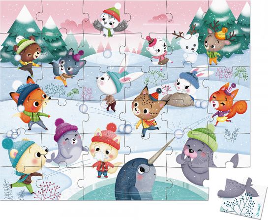 Puzzle pro děti Party na sněhu Janod v kufříku 36 ks - obrázek 1