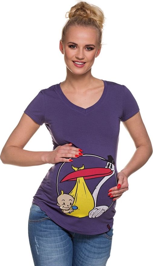My Tummy Těhotenské tričko s potiskem "Čáp nesoucí dítě" fialové Velikost: S - obrázek 1