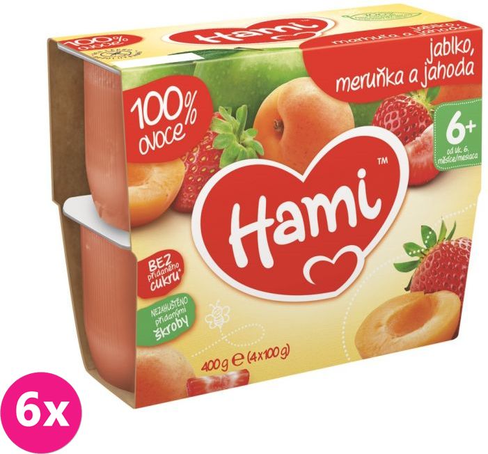 6x HAMI 100 % ovoce jablko, meruňka a jahoda (4 x 100 g) - ovocný příkrm - obrázek 1