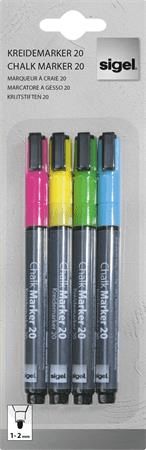 Sigel Křídové popisovače, sada 4 ks: růžová, zelená, žlutá, modrá, 1 - 2 mm, kuželový hrot, tekutý - obrázek 1