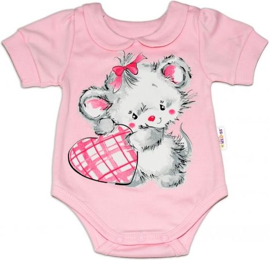 Baby Nellys Bavlněné kojenecké body, kr. rukáv, Mouse Love - růžové, vel. 86 - 86 (12-18m) - obrázek 1