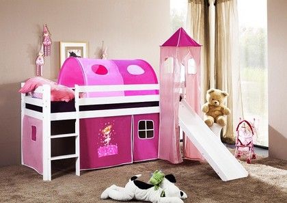 DĚTSKÁ VYVÝŠENÁ POSTEL SE SKLUZAVKOU BÍLÁ RŮŽOVÁ S PRINCEZNOU - obrázek 1