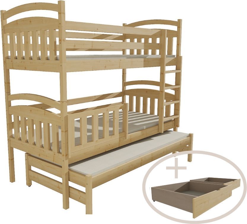 DĚTSKÁ PATROVÁ POSTEL S PŘISTÝLKOU VOJTA BEZBARVÝ LAK S ŠUPLÍKY 180 x 80 cm