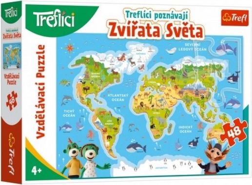 Puzzle Treflíci poznávají Zvířata světa 48 dílků 60x40cm v krabici 33x23x6cm - obrázek 1