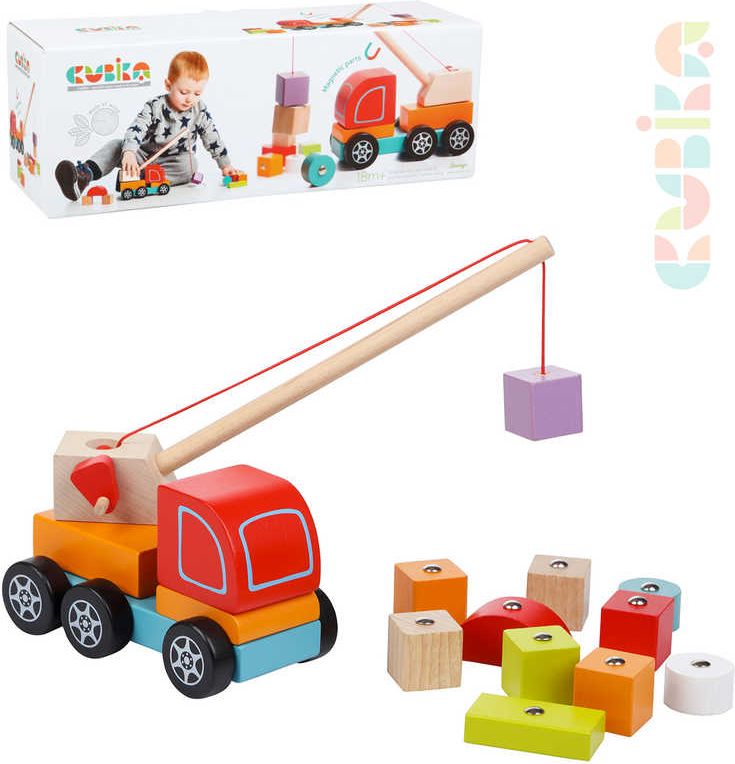 CUBIKA DŘEVO Baby Autojeřáb set s kostkami 10ks s magnetem pro miminko - obrázek 1