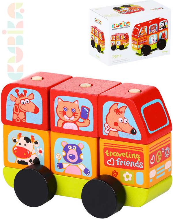 CUBIKA DŘEVO Baby Minibus šťastná zvířátka navlékací stavebnice set 7 dílků - obrázek 1