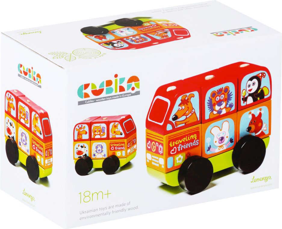 CUBIKA DŘEVO Baby Minibus šťastná zvířátka navlékací stavebnice set 7 dílků - obrázek 2