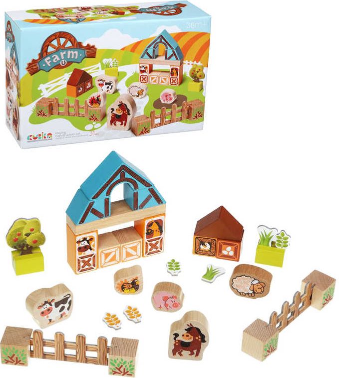 CUBIKA DŘEVO Farma 22 dílků s kartonovými doplňky STAVEBNICE