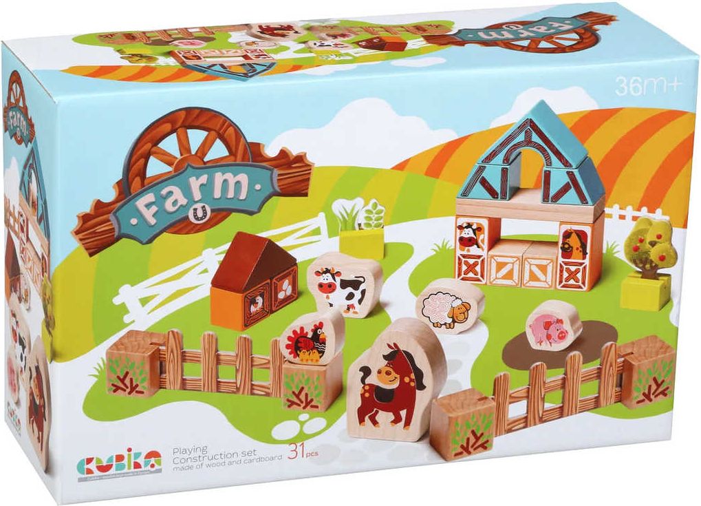 CUBIKA DŘEVO Farma 22 dílků s kartonovými doplňky STAVEBNICE - obrázek 2