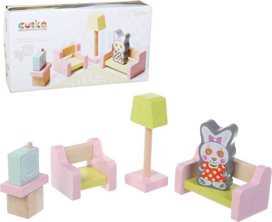 CUBIKA DŘEVO Obývací pokoj nábytek pro panenky s figurkou a magnetickými oblečky - obrázek 1