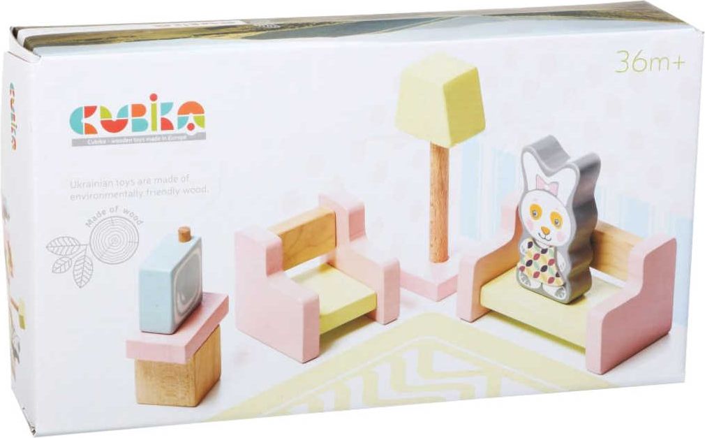 CUBIKA DŘEVO Obývací pokoj nábytek pro panenky s figurkou a magnetickými oblečky - obrázek 2