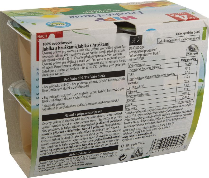 HiPP 100% OVOCE BIO Jablka s hruškami 4x100g C-100 - obrázek 2