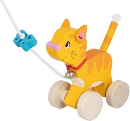 Goki Edukační dřevěná hračka s rolničkou, 15 cm tahací - Kočička - obrázek 1