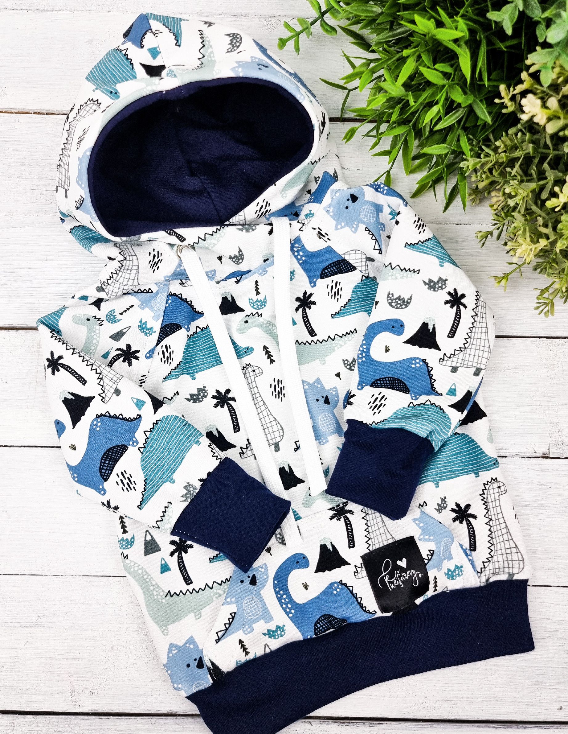 Kulišárny (handmade) Mikina s kapucí ,,Dino,, navy VELIKOST: 56 - obrázek 1
