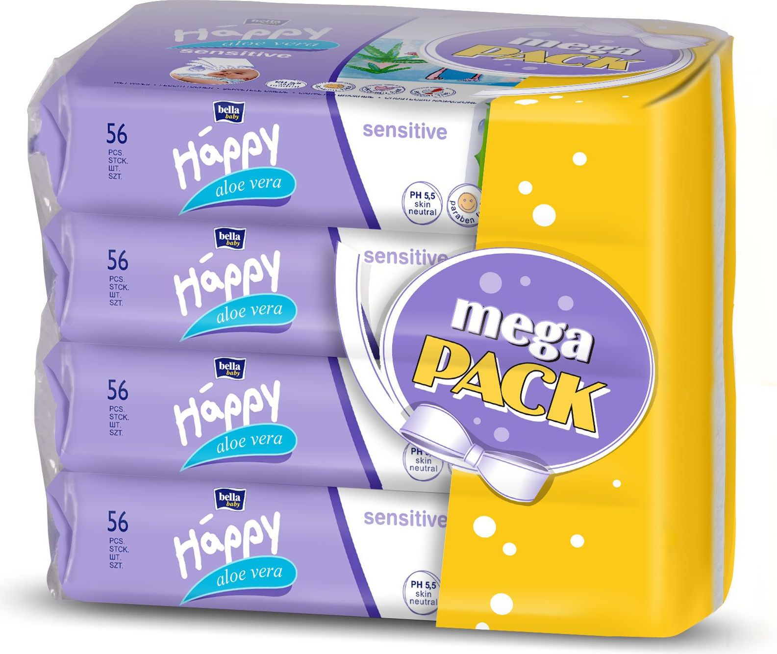 Happy  vlhčené ubrousky Sensitive s aloe vera MEGA PACK 4 x 56 ks - obrázek 3