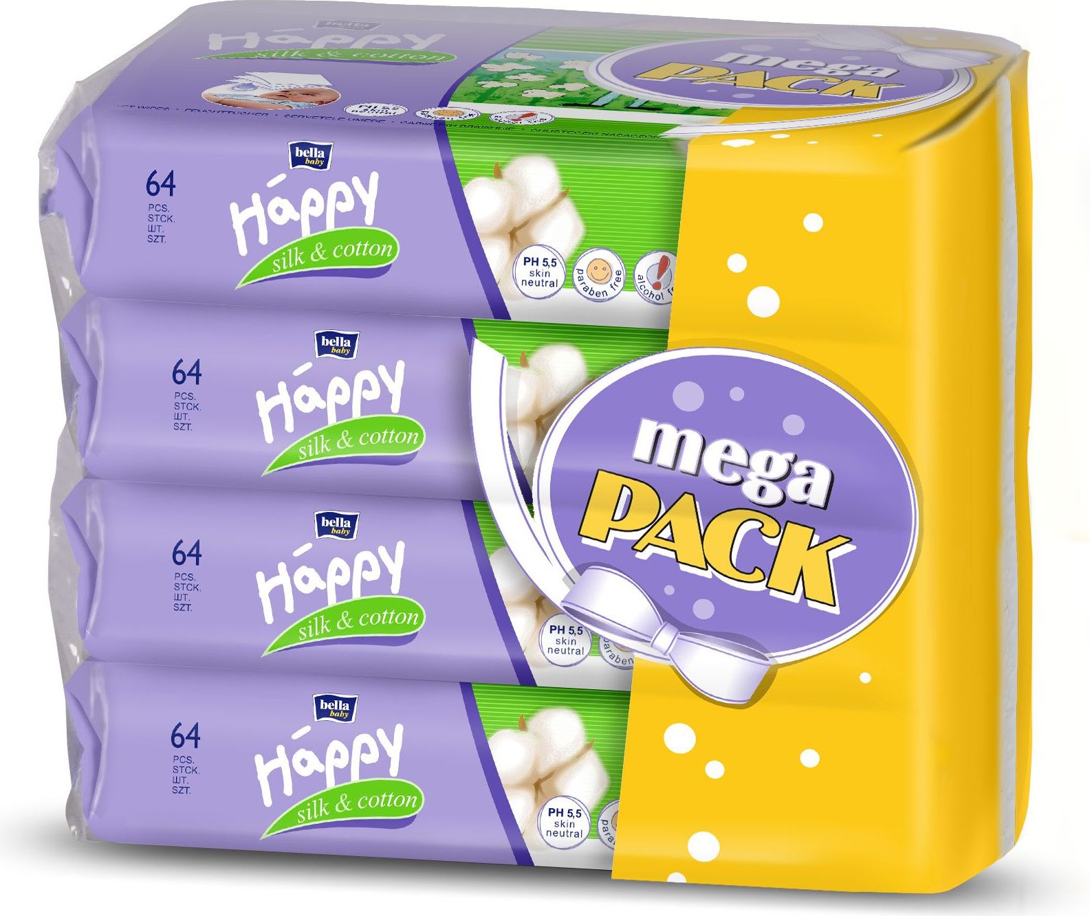 Happy  vlhčené ubrousky Hedvábí & Bavlna MEGA PACK 4 x 64 - obrázek 2