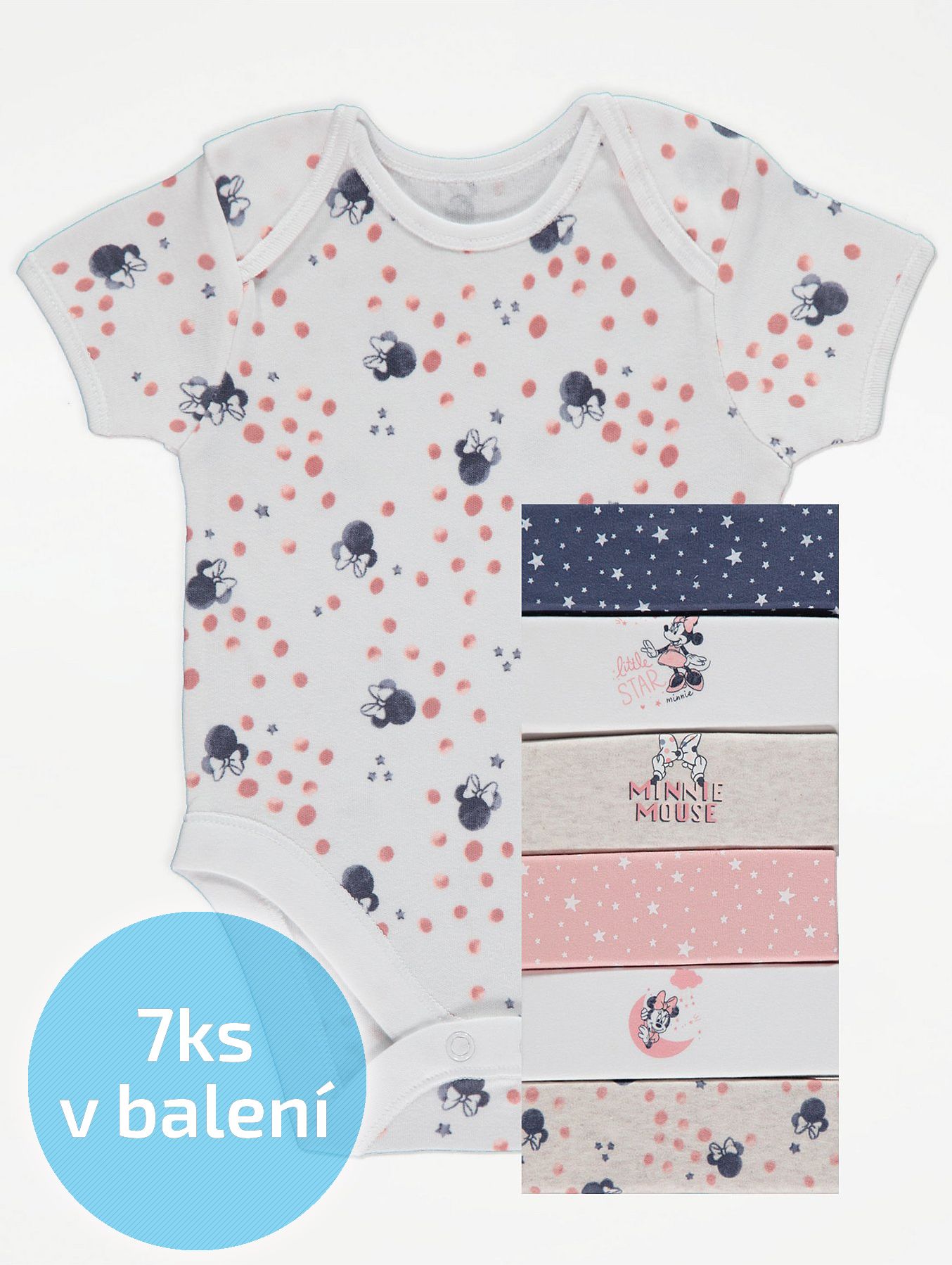 Kojenecké body GEORGE, 7ks v balení, krátký rukáv, motiv Minnie Mouse Velikost: 56 - 62cm (0 - 3 měsíce) - obrázek 1