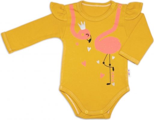 Baby Nellys Bavlněné kojenecké body, dl. rukáv, Flamingo s volánkem - hořčicové - obrázek 1