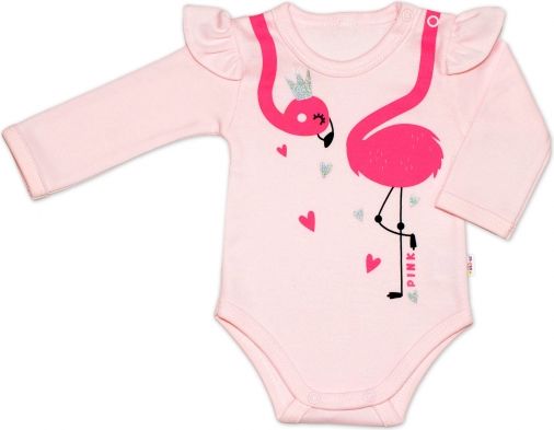 Baby Nellys Bavlněné kojenecké body, dl. rukáv, Flamingo s volánkem - růžové - obrázek 1