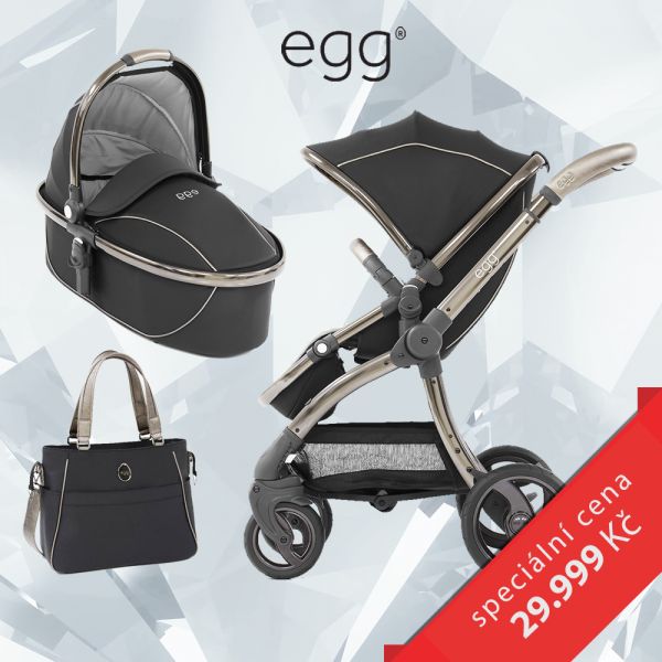 Egg Set SHADOW BLACK/ BLACK rám, kočárek + hluboká korba + taška + adaptéry - obrázek 1