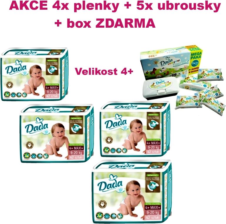 4x Plenky DADA Extra soft vel. 4+ (168ks) + ubrousky a box ZDARMA - obrázek 1