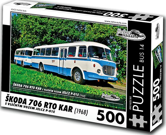 RETRO-AUTA© Puzzle BUS 14 - ŠKODA 706 RTO KAR s vlečným vozem Jelcz P-01E (1968) 500 dílků - obrázek 1