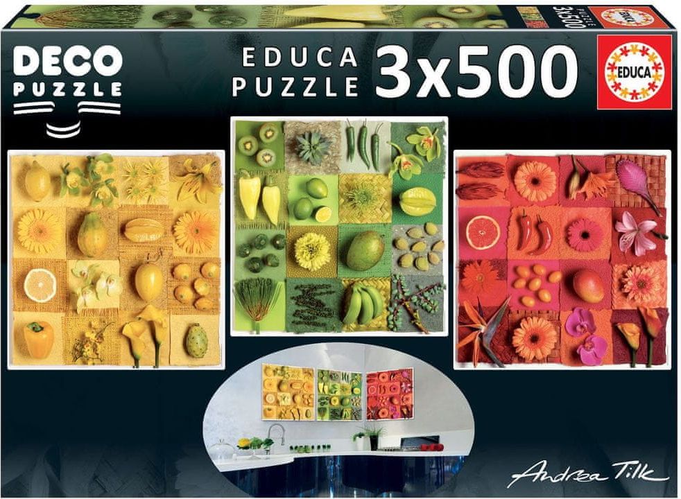 Educa Čtvercové puzzle Exotické ovoce a květiny 3x500 dílků - obrázek 1