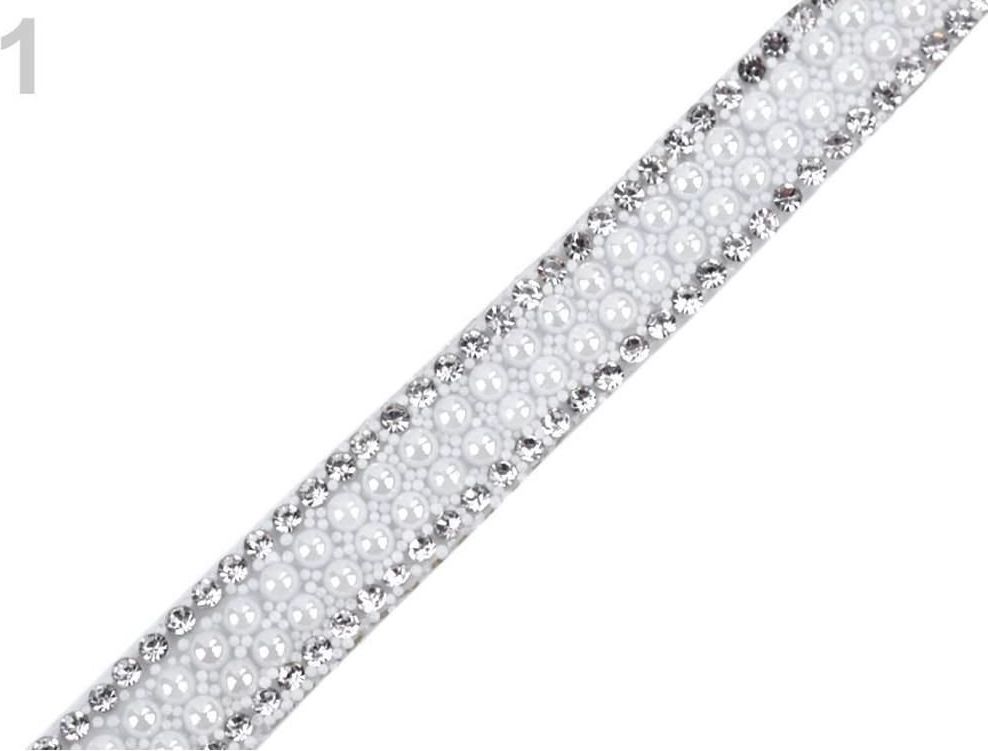 Kraftika 9m bílá prýmek s perlami a skleněnými broušenými kamínky - obrázek 1
