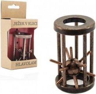 Hlavolam ježek v kleci kovový hnědý 4,5x7,5cm v krabičce 7,5x16x5cm - obrázek 1