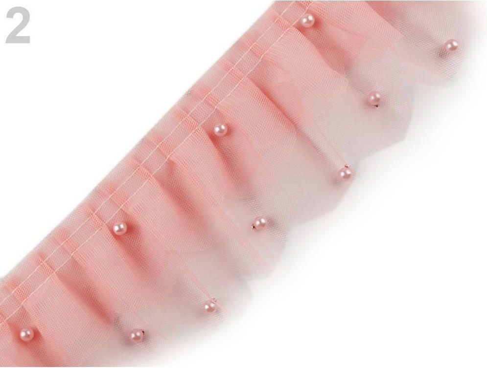 Kraftika 9m růžová tylový volánek s perlami šíře 75mm - obrázek 1