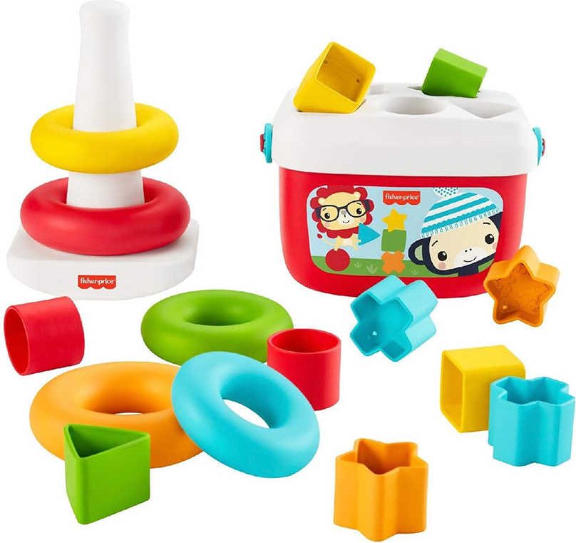 FISHER PRICE Baby herní set kostky vkládací + navlékací kroužky pyramida 2v1 - obrázek 1