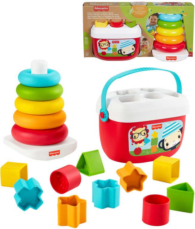 FISHER PRICE Baby herní set kostky vkládací + navlékací kroužky pyramida 2v1 - obrázek 2