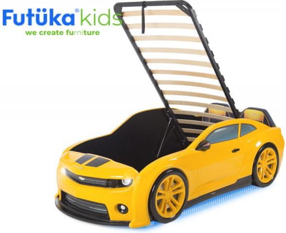 Futuka Kids Postýlka auto EVO CAMARO, Zvedací mechanismus, LED světla, Spodní světlo, Měkké čelo - žlutá - obrázek 1