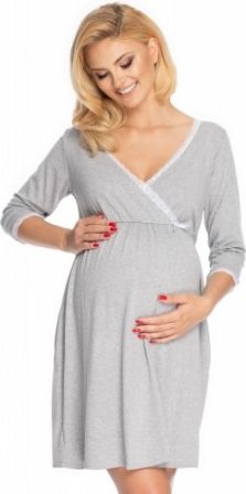 Be MaaMaa Těhotenská, kojící noční košile s krajkou, 3/4 rukáv - šedá, Velikosti těh. moda S/M - obrázek 1