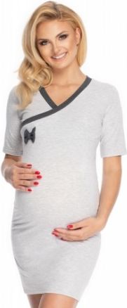 Be MaaMaa Těhotenská, kojící noční košile s mašličkou, kr. rukáv - šedá, Velikosti těh. moda S/M - obrázek 1