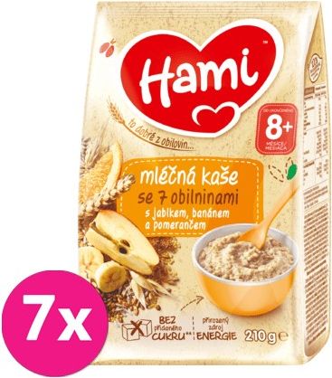 7x HAMI Mléčná kaše se 7 obilninami s jablkem, banánem a pomerančem 210 g, 8+ - obrázek 1