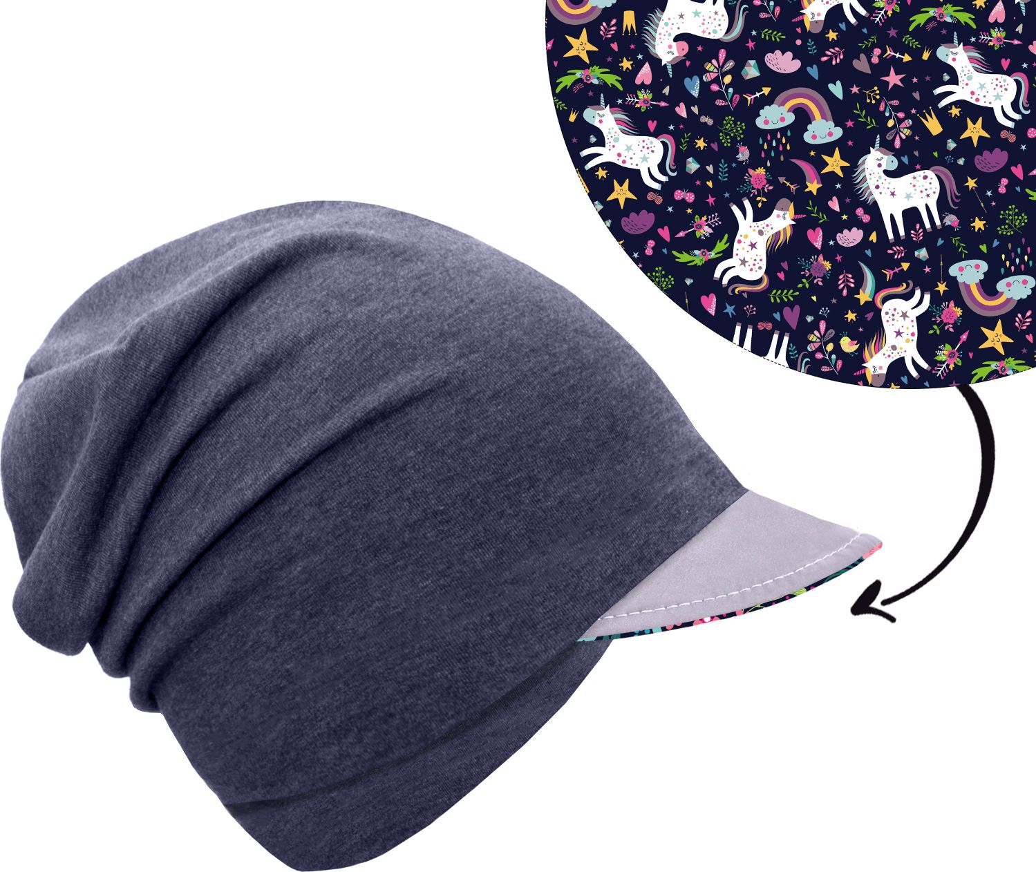Unuo, Dětská čepice z teplákoviny s reflexním kšiltem spadená, Jeans temný, Jednorožci Velikost: S - obrázek 1