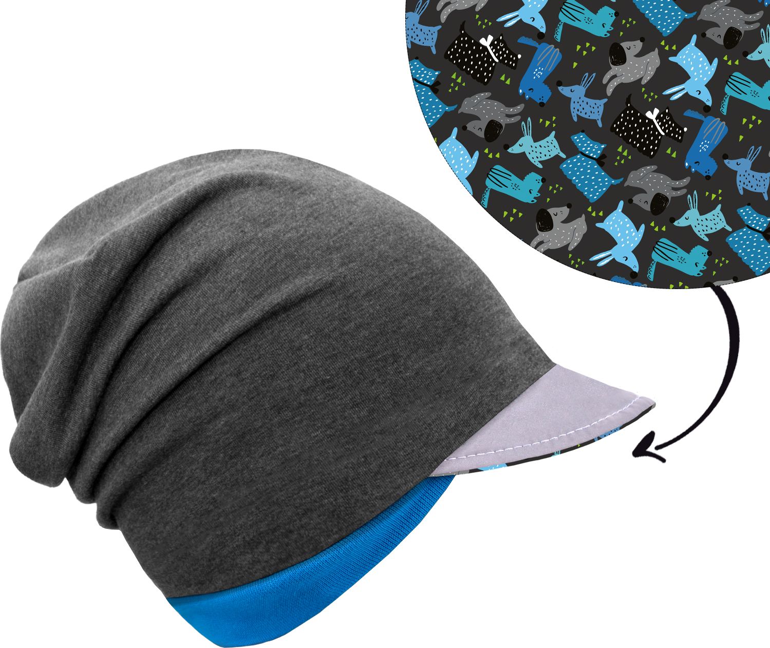 Unuo, Dětská čepice z teplákoviny s reflexním kšiltem spadená, Grafitová Šedá, Pejsci Velikost: L (53 - 56 cm) - obrázek 1