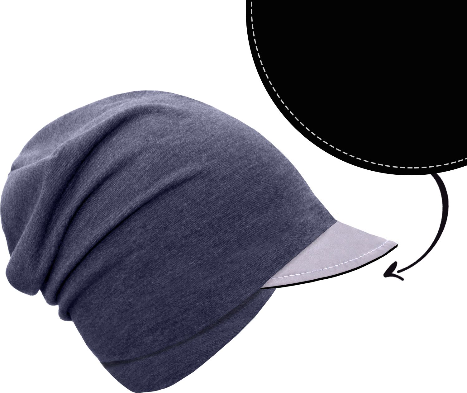 Unuo, Dětská čepice z teplákoviny s reflexním kšiltem spadená, Jeans temný, Černá Velikost: S - obrázek 1
