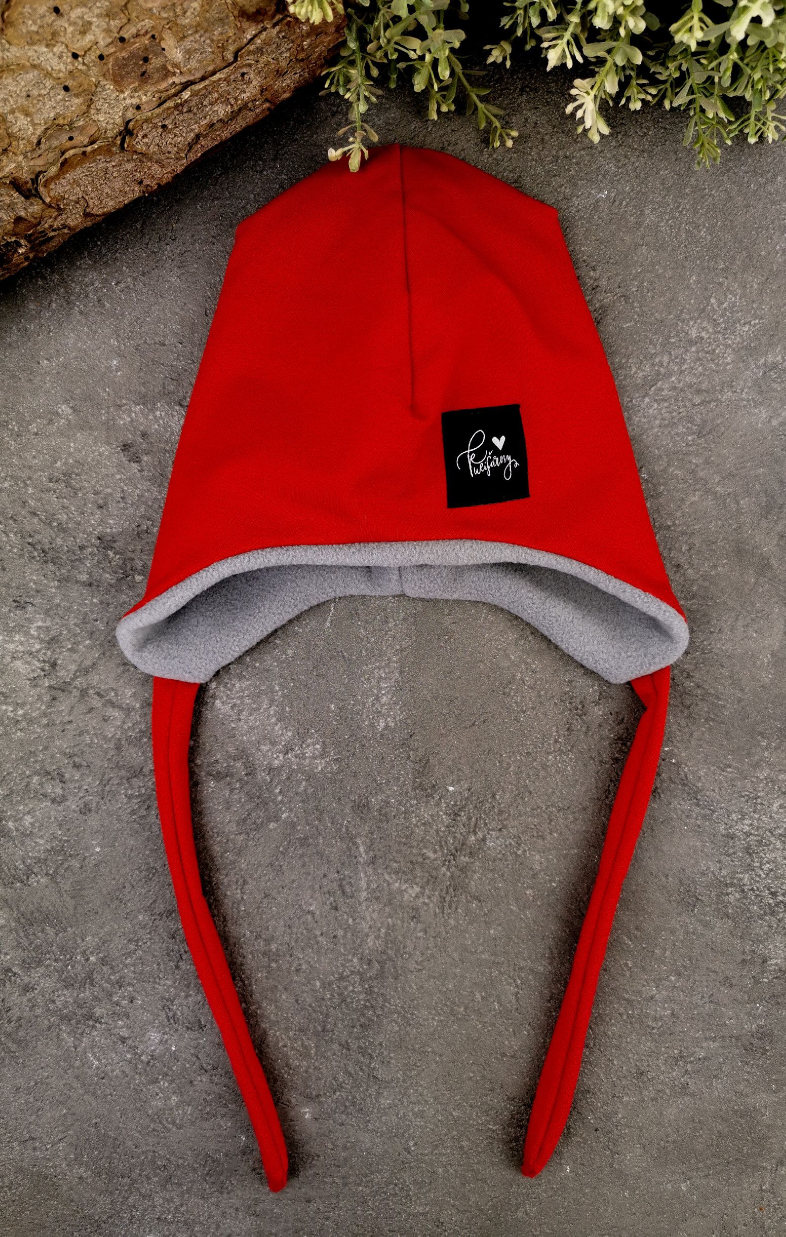 Kulišárny (handmade) RED GREY ušanka s fleecem velikost / orientační věk: 1/ 0- 3m - obrázek 1
