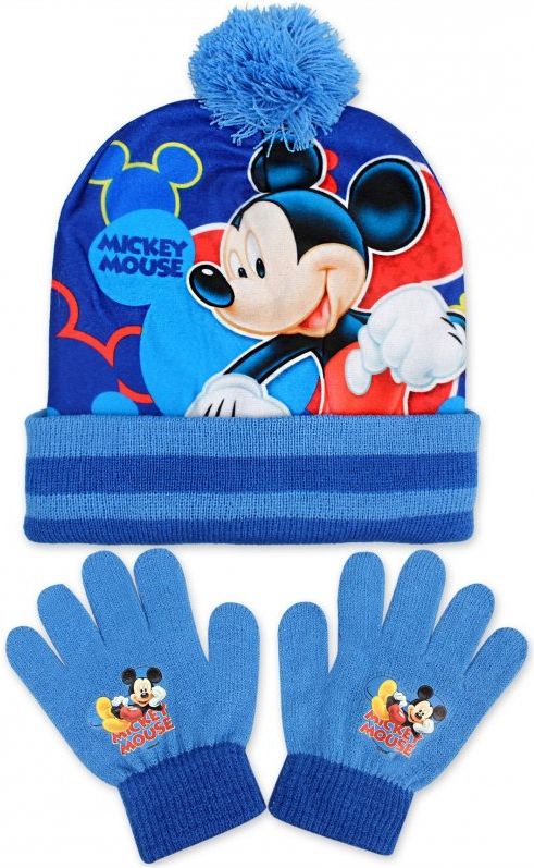 Setino · Dětská / chlapecká zimní čepice + prstové rukavice Mickey Mouse - Disney - Modrá - obrázek 1