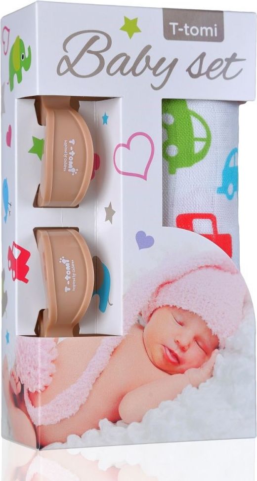 T-TOMI Accessories s.r.o. Bambusová osuška + kočárkový kolíček 2 ks T-Tomi Baby set Cars/Beige 2020 - obrázek 1