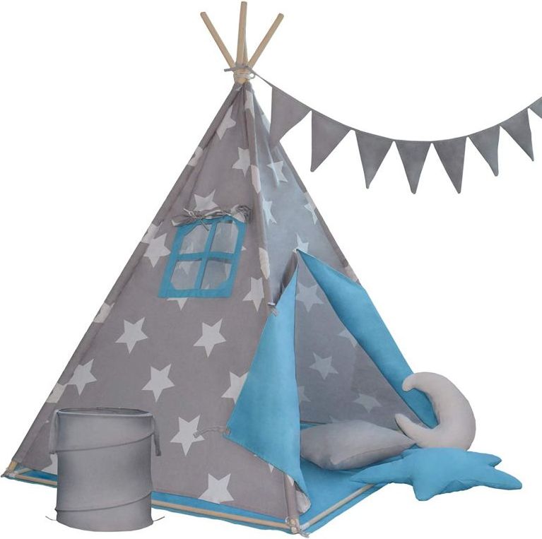 Infantastic 74165 Dětský stan teepee, modro/šedý, s příslušenstvím + vlajky - obrázek 1