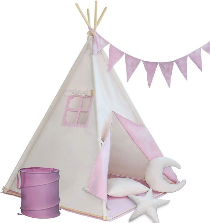 Infantastic 74133 Dětský stan teepee, růžovo/béžový, s příslušenstvím + vlajka - obrázek 1