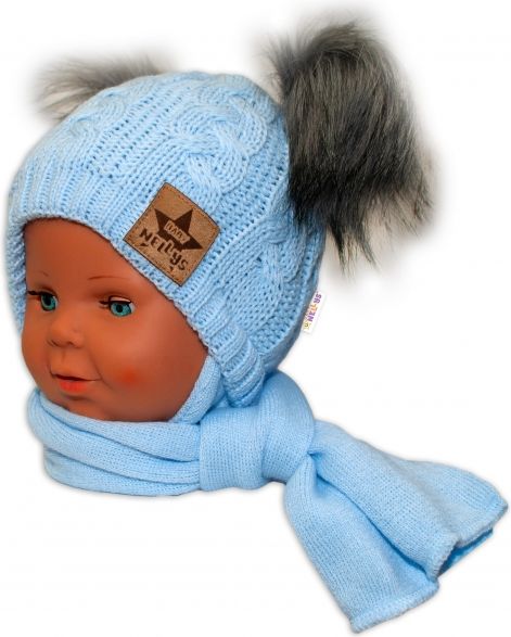 Baby Nellys BABY NELLYS Zimní čepička s šálou - chlupáčkové bambulky - modrá, šedé bambulky - obrázek 1
