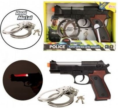 Teddies Policejní sada plast/kov pistole 21cm pouta s klíčkem na bat. se světlem se zvukem v krabici 26x17,5 - obrázek 1