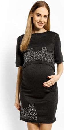 Elegantní těhotenské šaty, tunika s výšivkou, kr. rukáv - černé (kojící) - obrázek 1